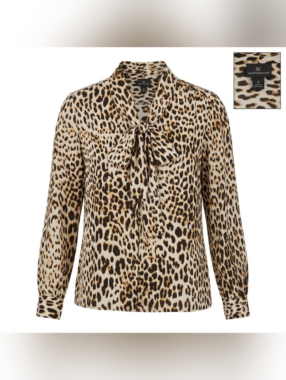 Worthington Cheetah Print Blouse Small Leopard Button Up Office Chic Top